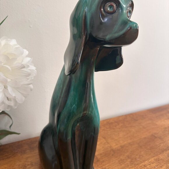Vintage Blue Mountain Pottery Tall Sitting Dog Figurine – Green Black Flow Glaze - Picture 2 of 5